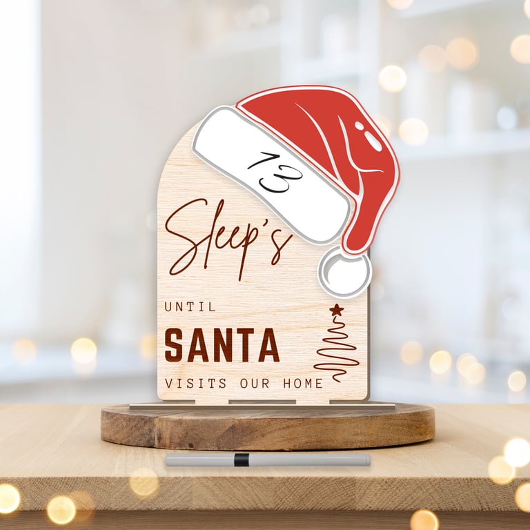 Sleeps Until Santa Visits Our House: Countdown Sign with Acrylic Hat & Dry-Erase