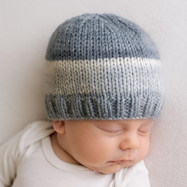 Hand Knitted Baby Hat 0-3 Months, Gender Neutral Beanie, grey ombre