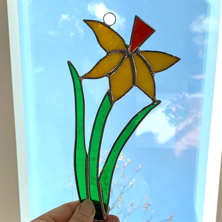 Stained Glass Daffodil Suncatcher - Handmade Hanging Window Decoration 