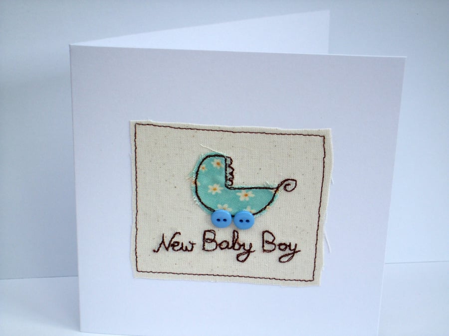 New Baby Boy Card - Embroidered baby pram with button wheels