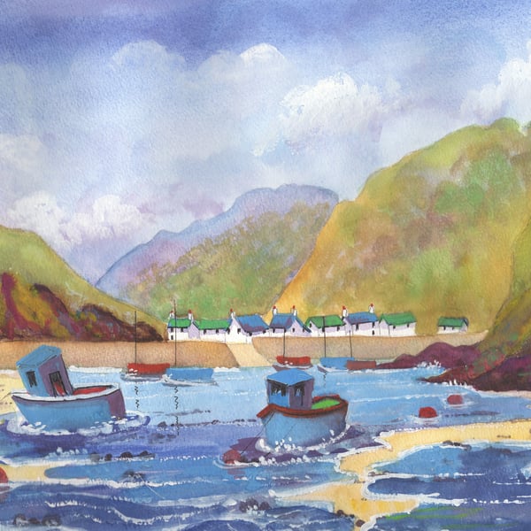 Boats, Solva Harbour, Pembrokeshire, Original Watercolour, in 20 x 16'' Mount