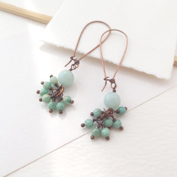 Amazonite Aventurine Copper Kidney Earrings, Semi Precious Cluster Long