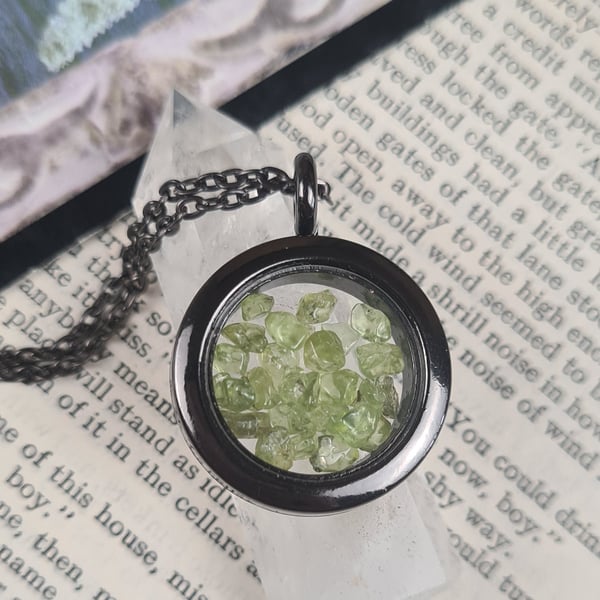 Peridot August birthstone gunmetal floating locket, birthstone crystal necklace,