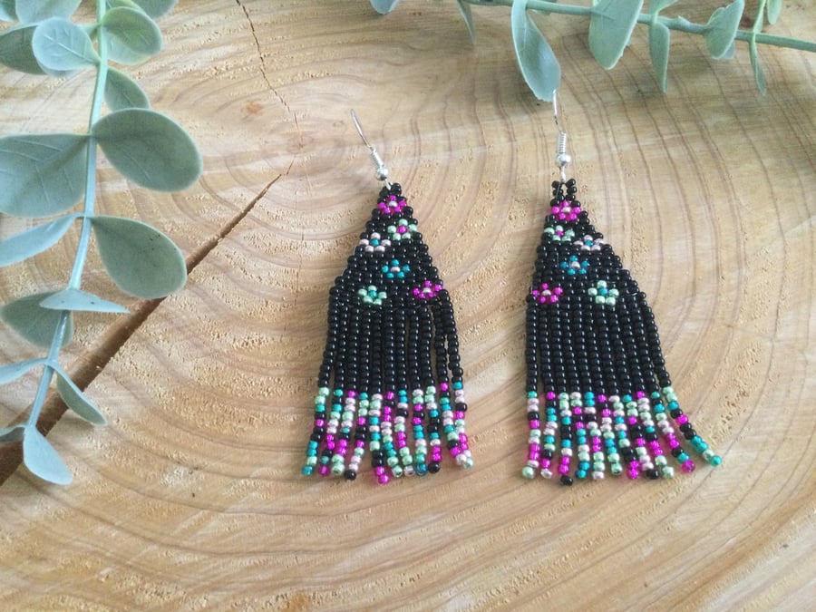 Black floral beaded fringe earrings, dangle earrings, gift for her, boho women