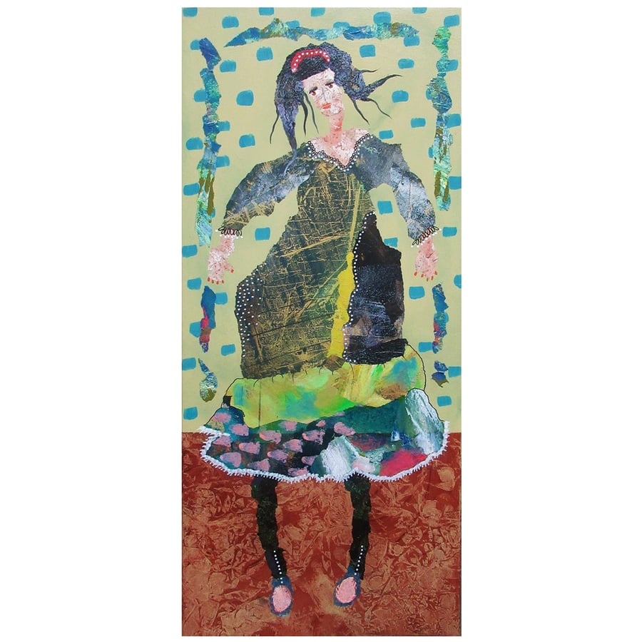 Figure Painting Green Grey Acrylic Collage Abstract Female Figurative Wall Art