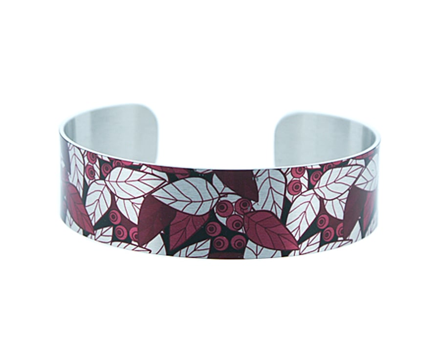 Cuff bracelet, handmade jewellery with burgundy berry red leaves. B355