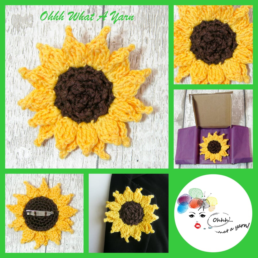 Crochet sunflower brooch, crochet sunflower corsage, flower brooch