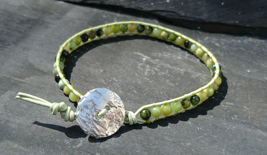 Leather and chrysoprase bracelet, semi precious gemstone for May