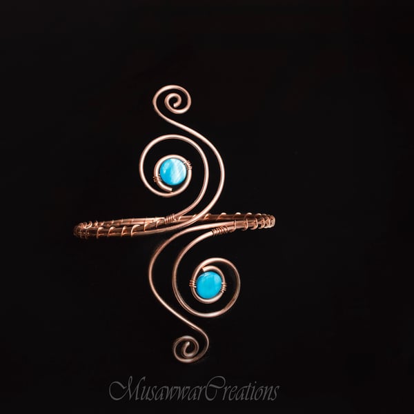 Copper,Silver arm cuff, coined blue shell pearls spiral design upper arm cuff, 