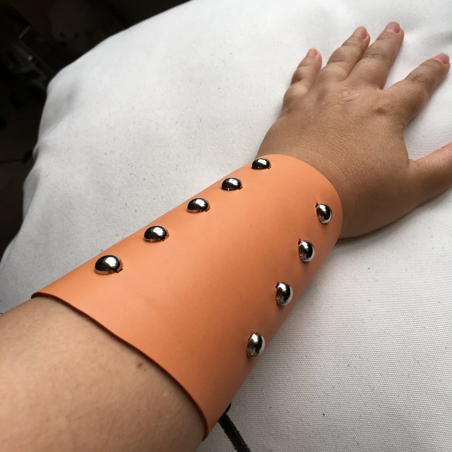 Small Pair: Peach Leather Bracers with Studs - Spots (sold with lacing) 