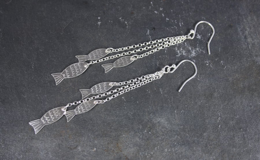 Long Dangly Silver Fish Earrings