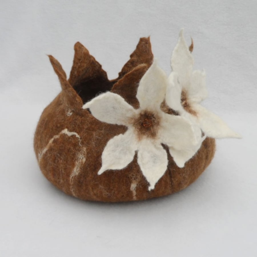 Large Felt bowl or vessel brown merino wool and silk