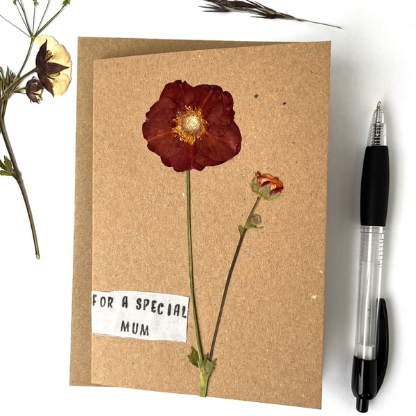 Handmade Mother's Day Card, Real Pressed Flower, Geum, Birthday Greeting Card