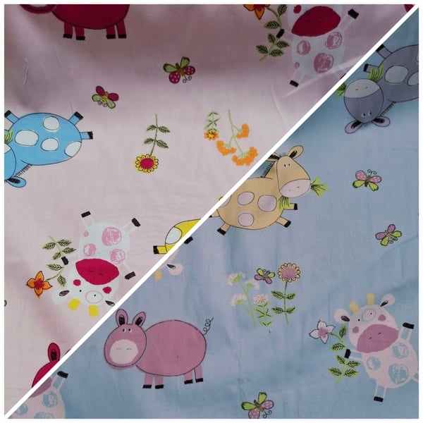 1 Metre Cute Farm Animals Cotton Poplin Fabric 1.12m Wide in.Pink or Blue 