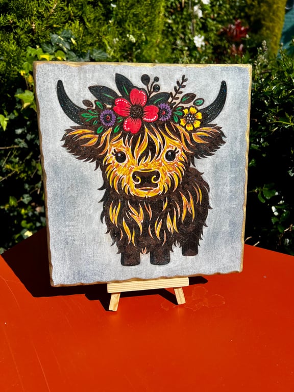  Baby Highland Cow Wooden Plaque – Bespoke Colour Splash Wall Art – Rustic Anima