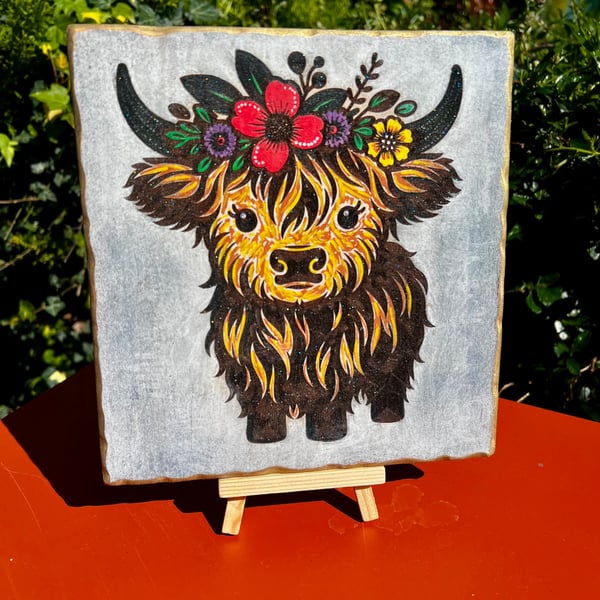 Baby highland cow. Bespoke wooden plaque 