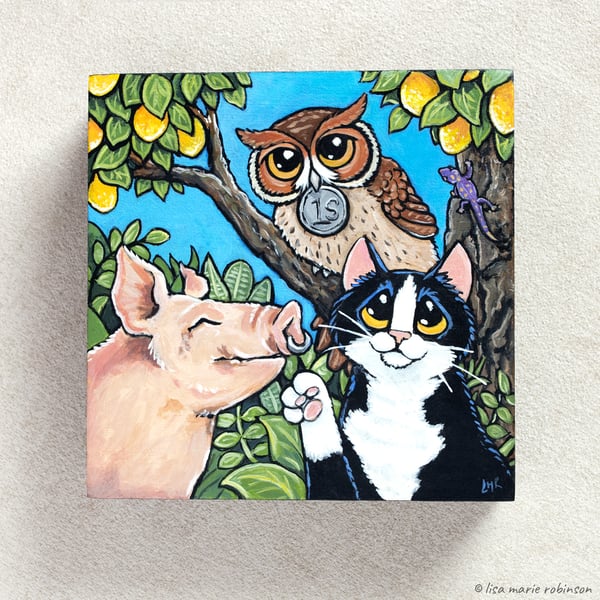 SALE - Owl & the Pussycat & Pig - Original Acrylic Painting on Wood - 6x6 Inch
