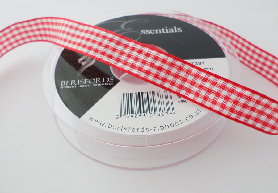 Berisfords Red Gingham ribbon 15mm wide x 2 metres 