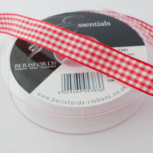 Berisfords Red Gingham ribbon 15mm wide x 3 metres 