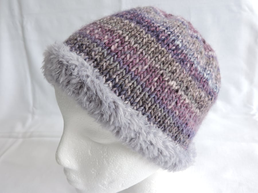 Beanie Hat Knitted in a Chunky Yarn Adults Lilac Mauve Grey Pink