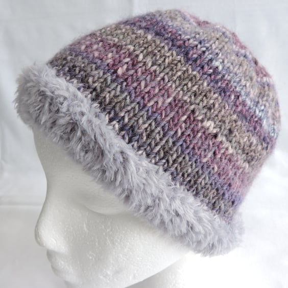 Beanie Hat Knitted in a Chunky Yarn Adults Lilac Mauve Grey Pink