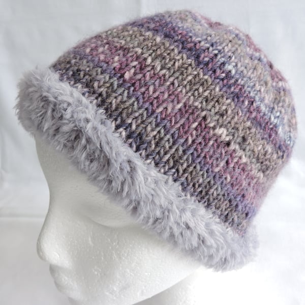 Beanie Hat Knitted in a Chunky Yarn  Adults Mauve Grey Lilac Pink