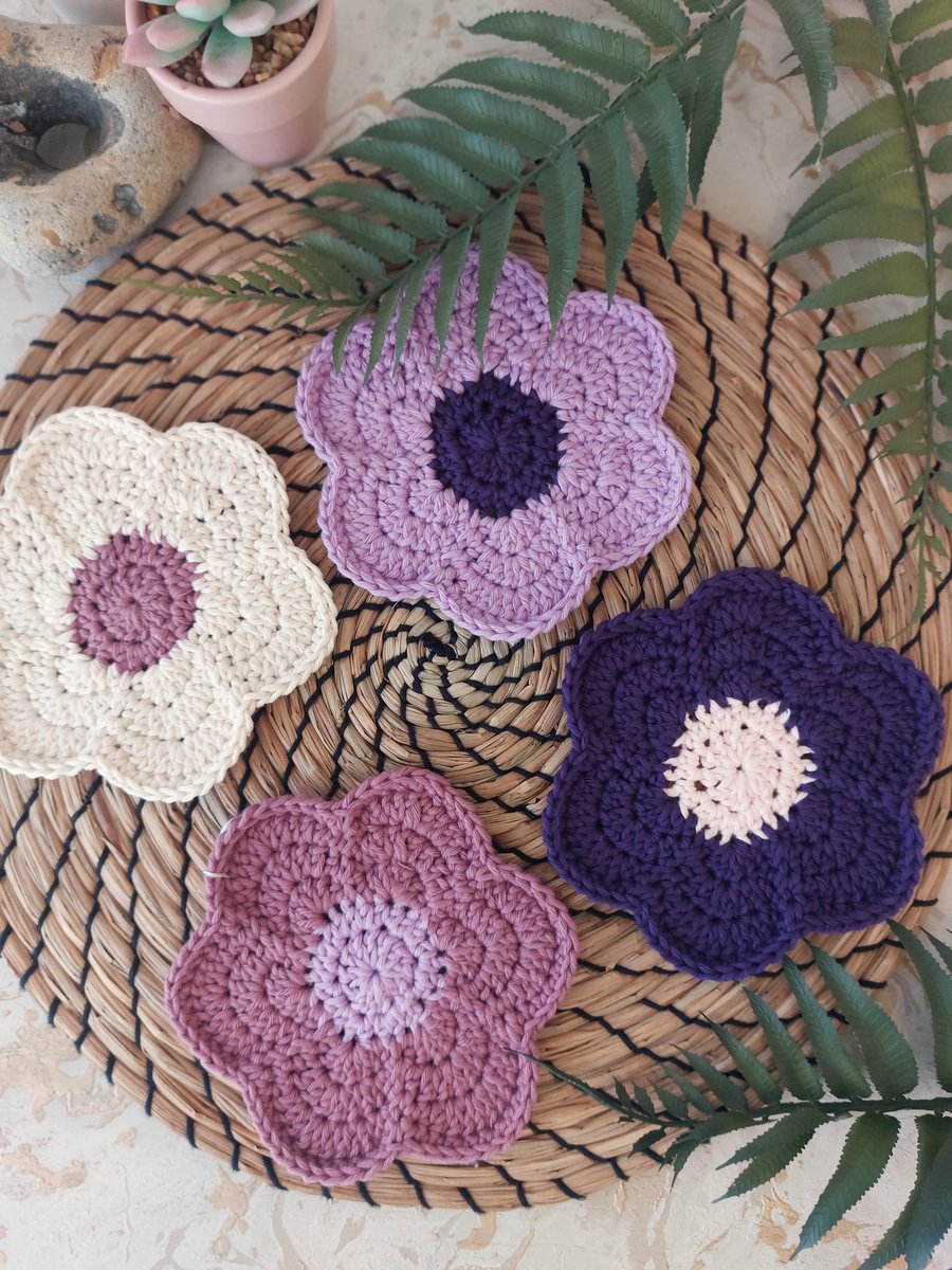  Crochet Funky Flower Coasters Set of 4