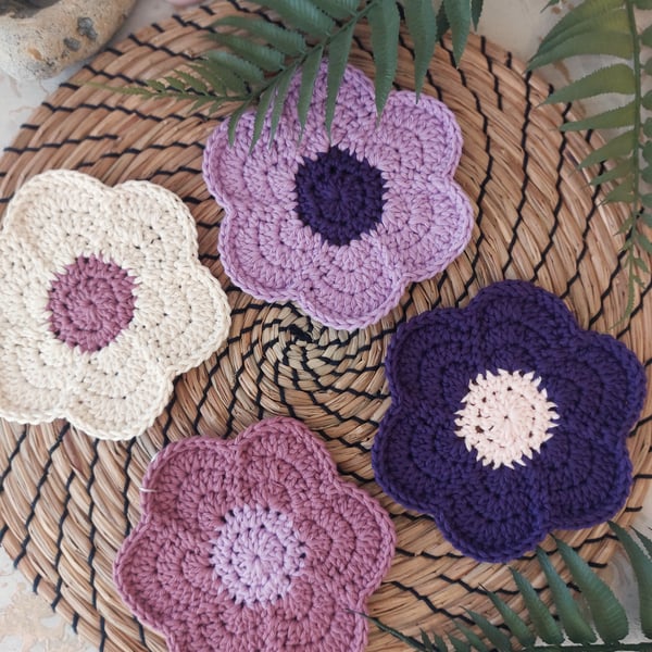  Crochet Funky Flower Coasters Set of 4
