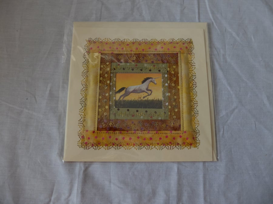 hand made card, quilted around art work from collectable playing card - Unicorn