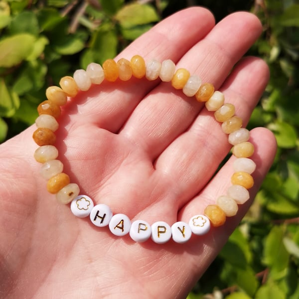 Yellow jade "happy" stretch gemstone bracelet, manifest, intention 