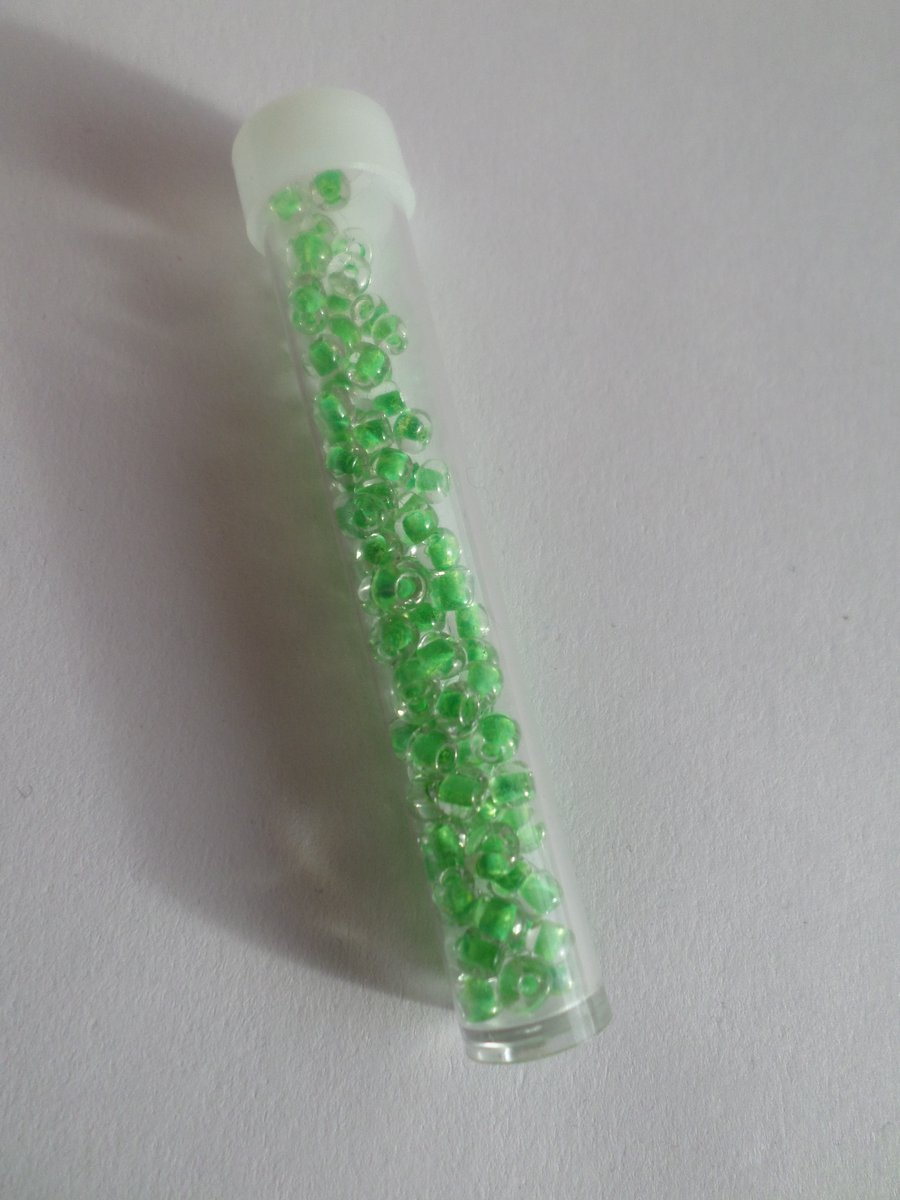 1 x Filled Storage Tube - 7.5cm - 4mm Glass "Colour Inside" Seed Beads - Green 