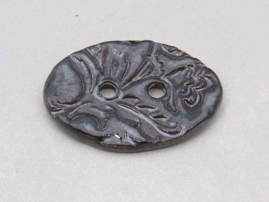 Large Black Ice Brocade Oval Handmade Ceramic Button