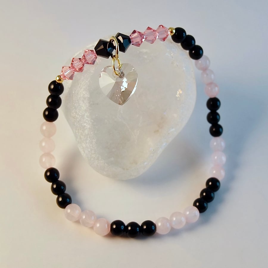 Rose Quartz & Onyx Bracelet With Swarovski Crystals & Heart - Handmade In Devon