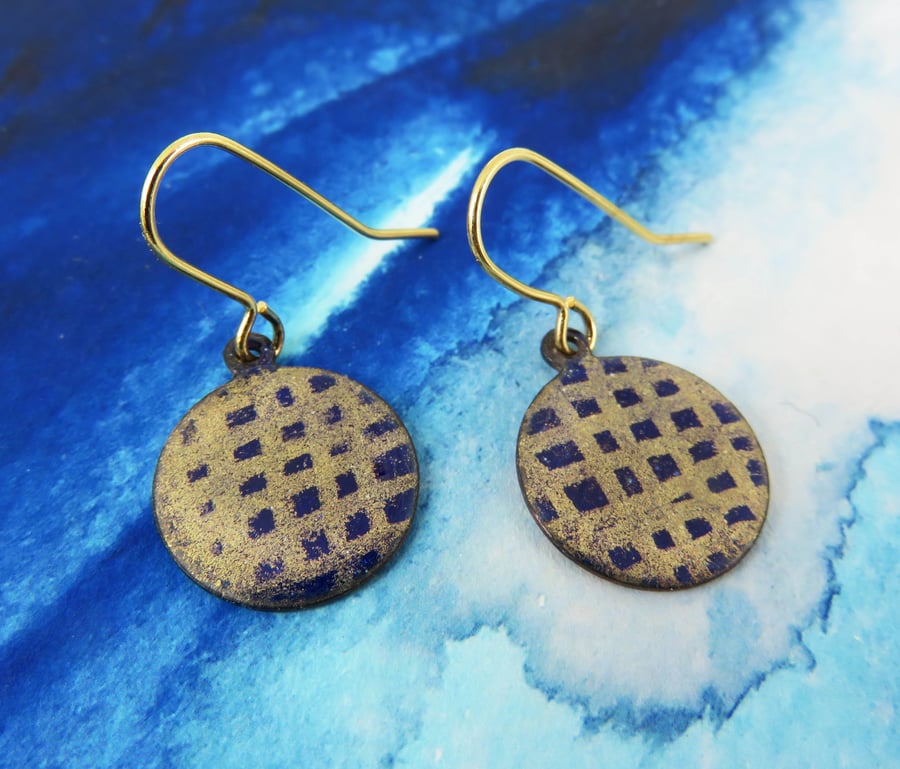 Enamel and Hand Drawn Gold Shimmer on Round Copper Dangle Earrings