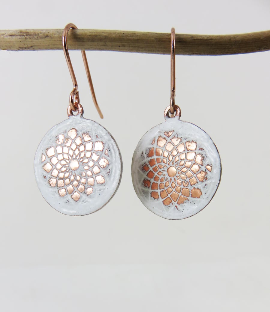 Dream Catcher Stamped Enamel and Copper Dangle Earrings