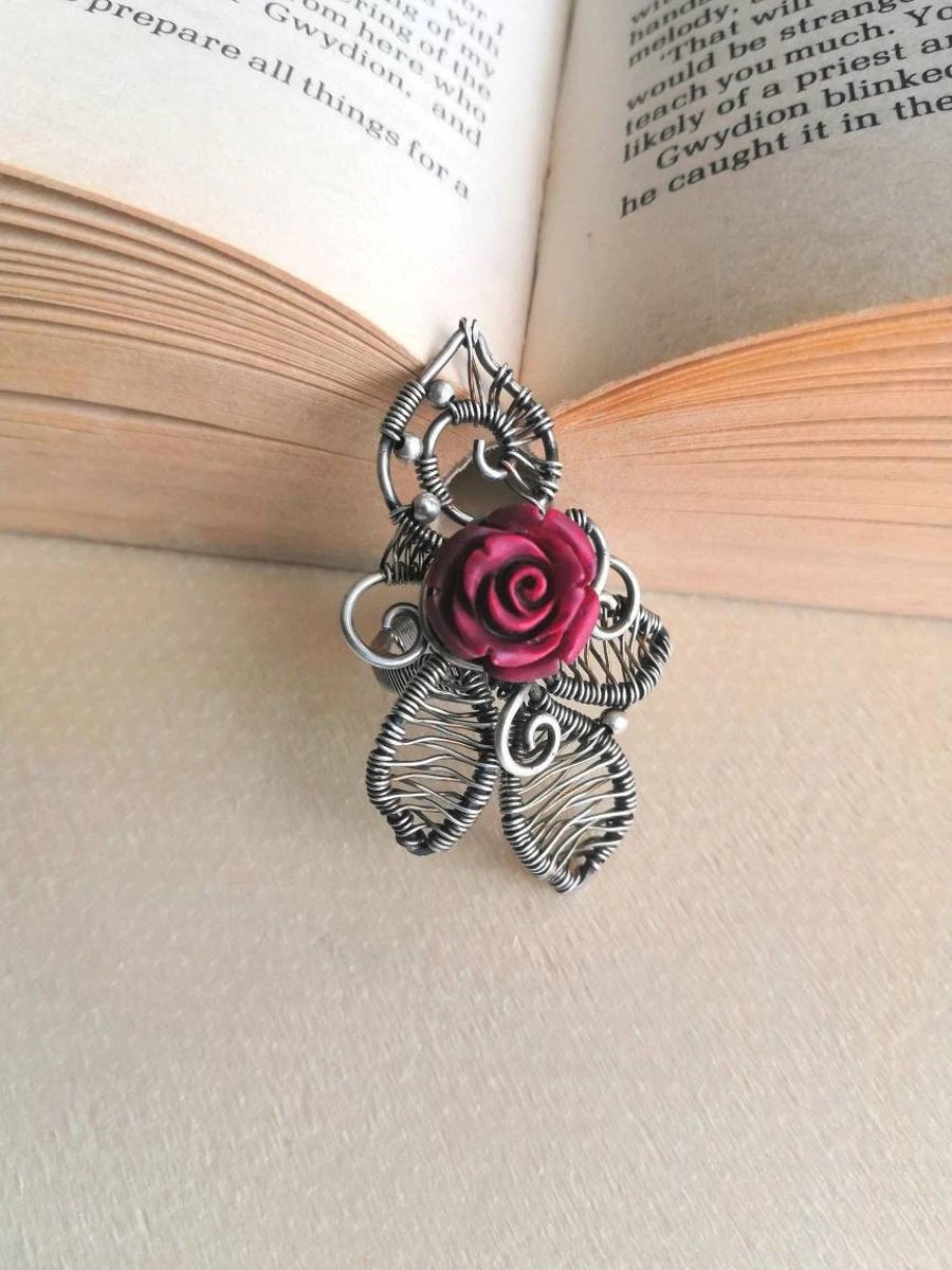 Burgundy Red Rose WireWrapped Gothic Silver Ring, Size N Goth Floral Jewellery