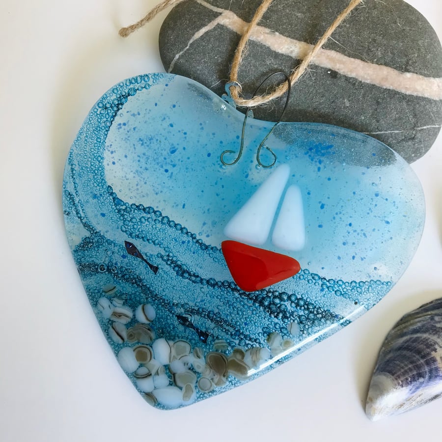 Fused glass heart with boat on the sea, gift for Sealover