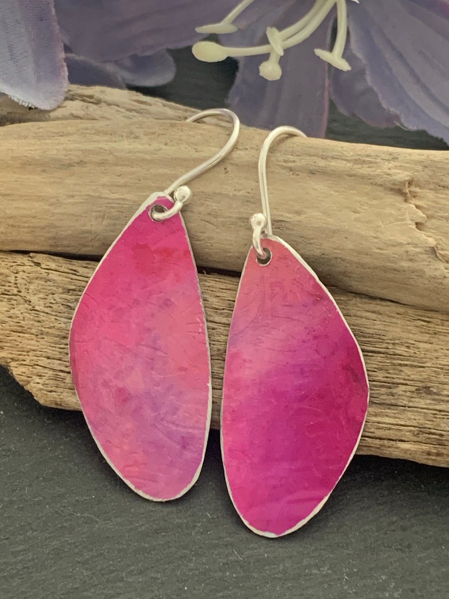 Printed Aluminium and sterling silver earrings - Raspberry pink flower mandala