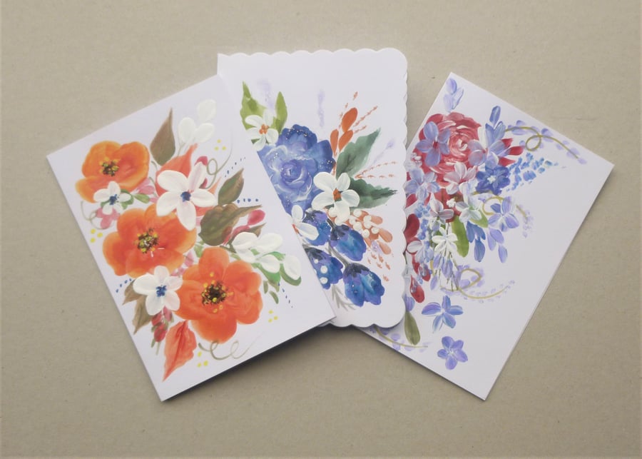 Beautiful Bundle of 3 hand painted floral blank greetings card ( ref F 514.K3 )