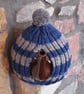 Large Tea Cosy, Brown Betty Compatible, Hand Knitted, Dark Blue & Grey Stripes - Image 2