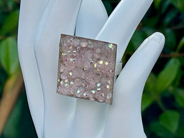 BLUSH PINK PAVE CRYSTAL RING silver square adjustable fits all sizes 