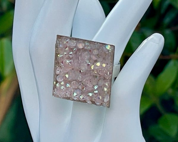 BLUSH PINK PAVE CRYSTAL RING silver square adjustable fits all sizes 