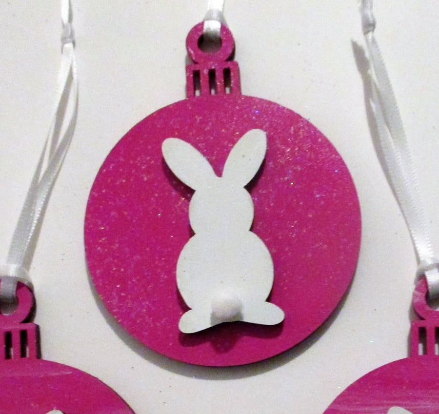 Bunny Rabbit Hanging Decoration Christmas Tree Bauble White Pink
