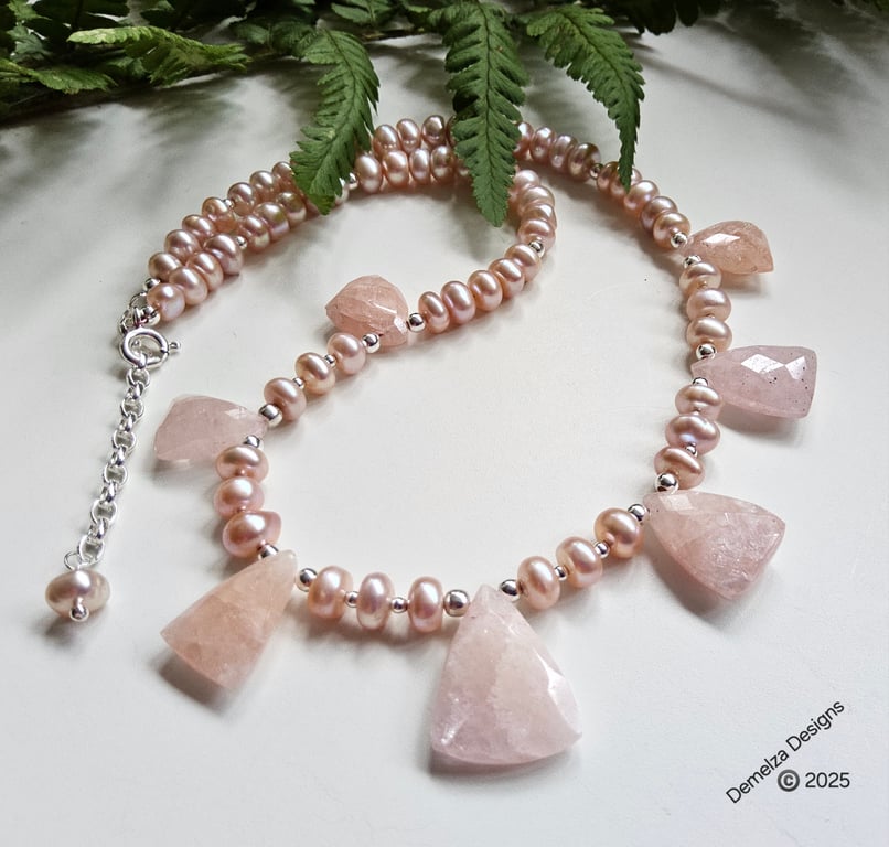 Designer Button Freshwater Culture Pearl & Morganite Sterling Silver Necklace 