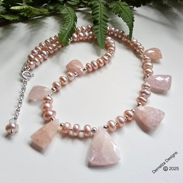 Designer Button Freshwater Culture Pearl & Morganite Sterling Silver Necklace 