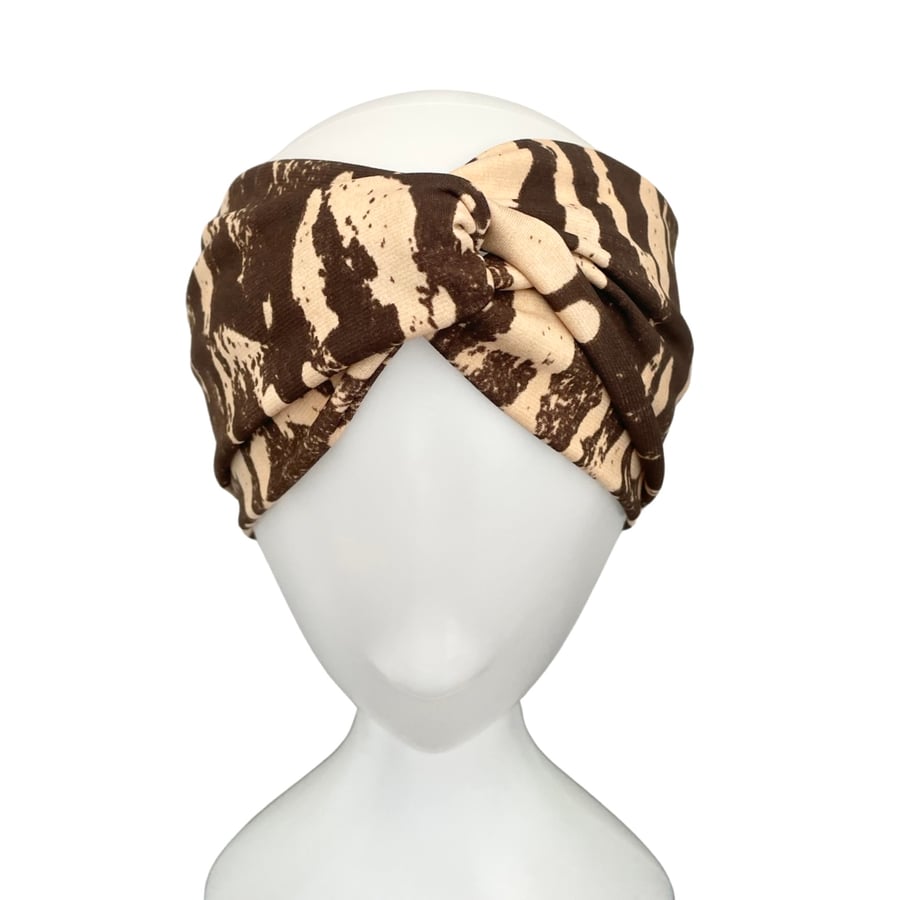 Stylish brown and beige turban twist headband head wrap for women