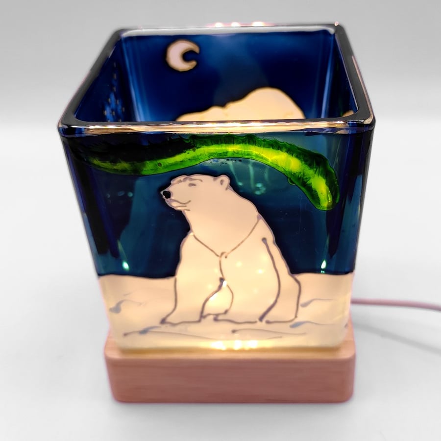 Candle holder, hand painted glass, polar bear, northern lights, aurora