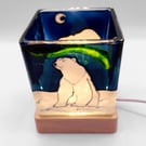 Candle holder, hand painted glass, polar bear, northern lights, aurora