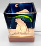 Candle holder, hand painted glass, polar bear, northern lights, aurora