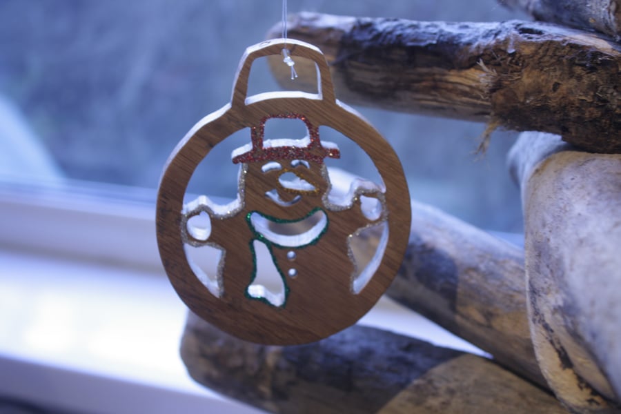 Wooden Oak Snowman Christmas Bauble